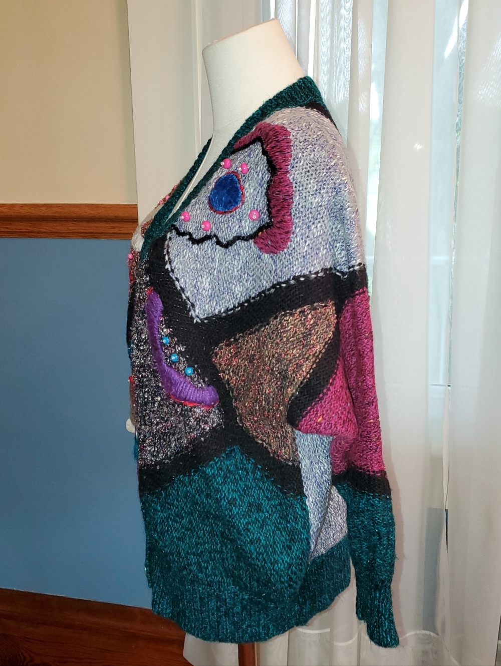 Vintage Jaclyn Smith Women's Large Multi Color Teal Sweater W/ Appliqués & Beads - Picture 3 of 7